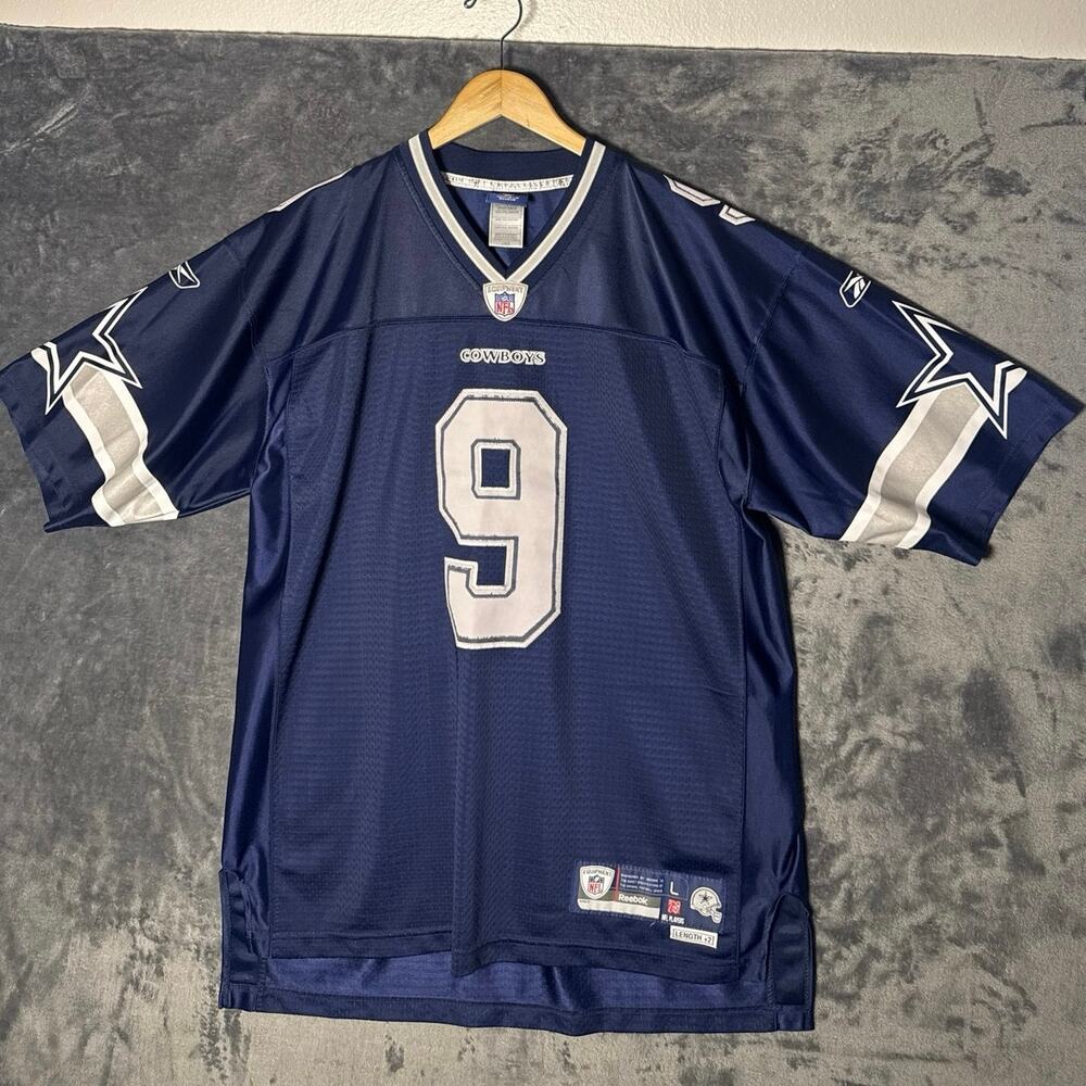 VTG Y2K Reebok Dallas Cowboys Tony Romo 9 Road Jersey Navy Blue Large Length +2